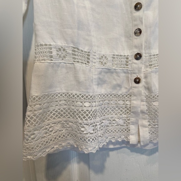 Basset Size S White Linen Lace Fitted Stone Button Front 3/4 Sleeve Top Germany - Picture 5 of 11